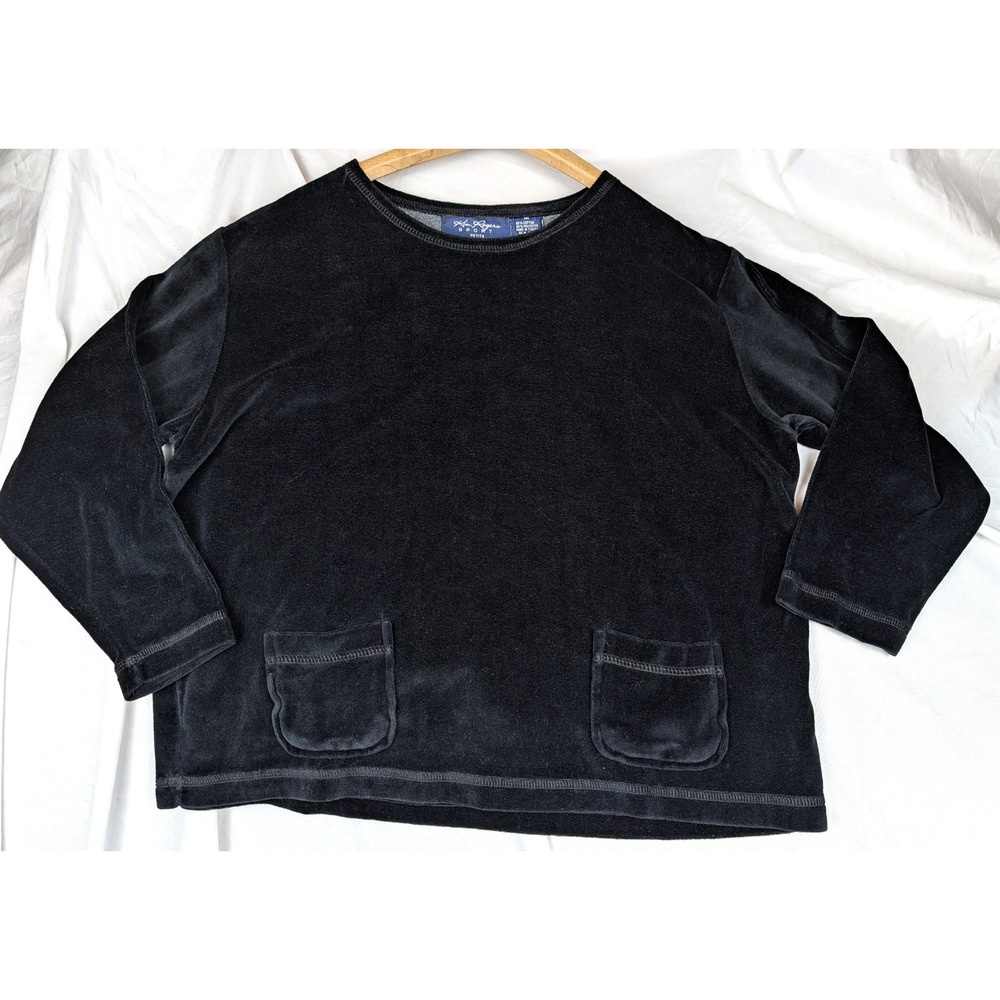 Kim Rogers Sport Petite Black Velour 3/4 Sleeve Top Crew Neck Pockets PM